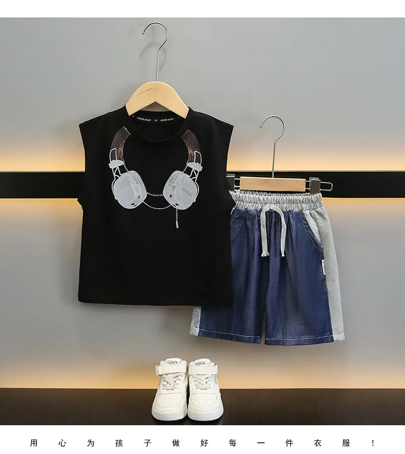 Kids Sleeveless Vest & Shorts Set Black Blue Summer — feature 11