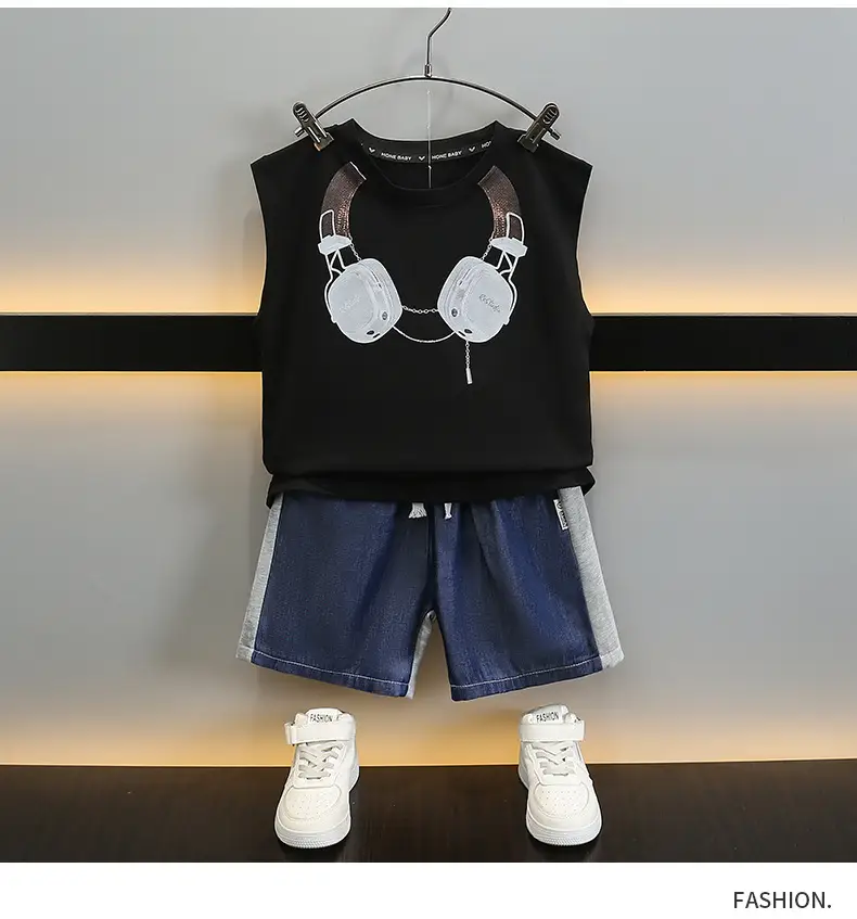 Kids Sleeveless Vest & Shorts Set Black Blue Summer — feature 12