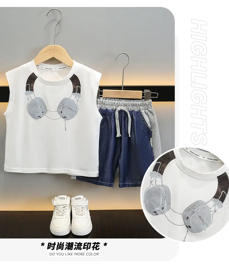 Kids Sleeveless Vest & Shorts Set Black Blue Summer — feature 3