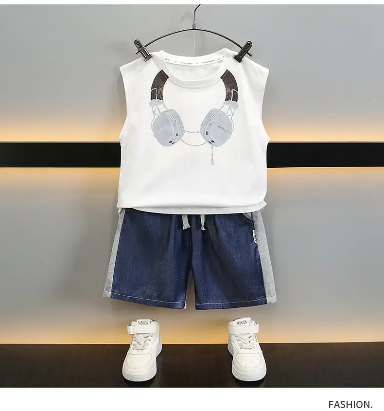 Kids Sleeveless Vest & Shorts Set Black Blue Summer — feature 8