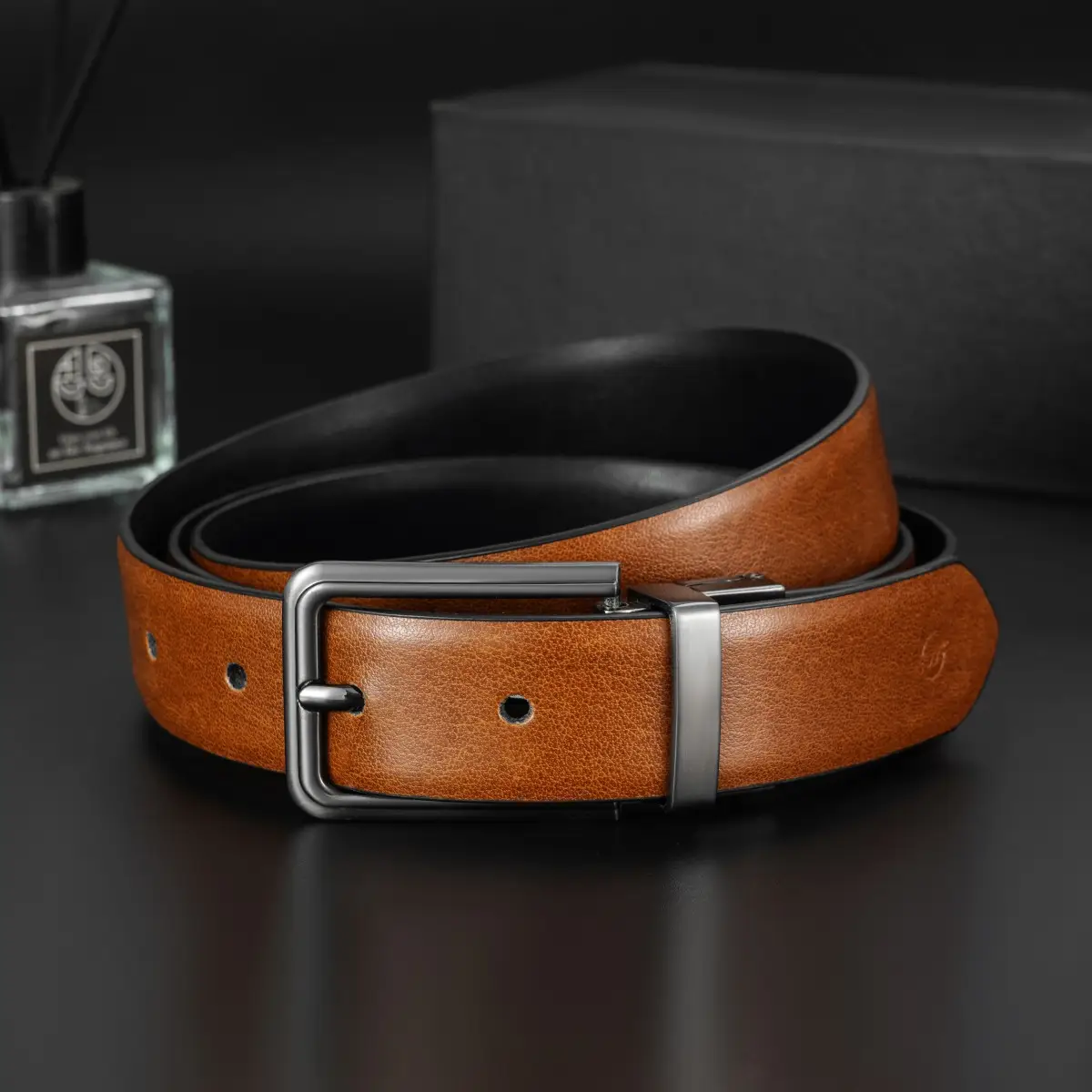 Men's Brown Leather Belt with Silver Buckle — feature 3