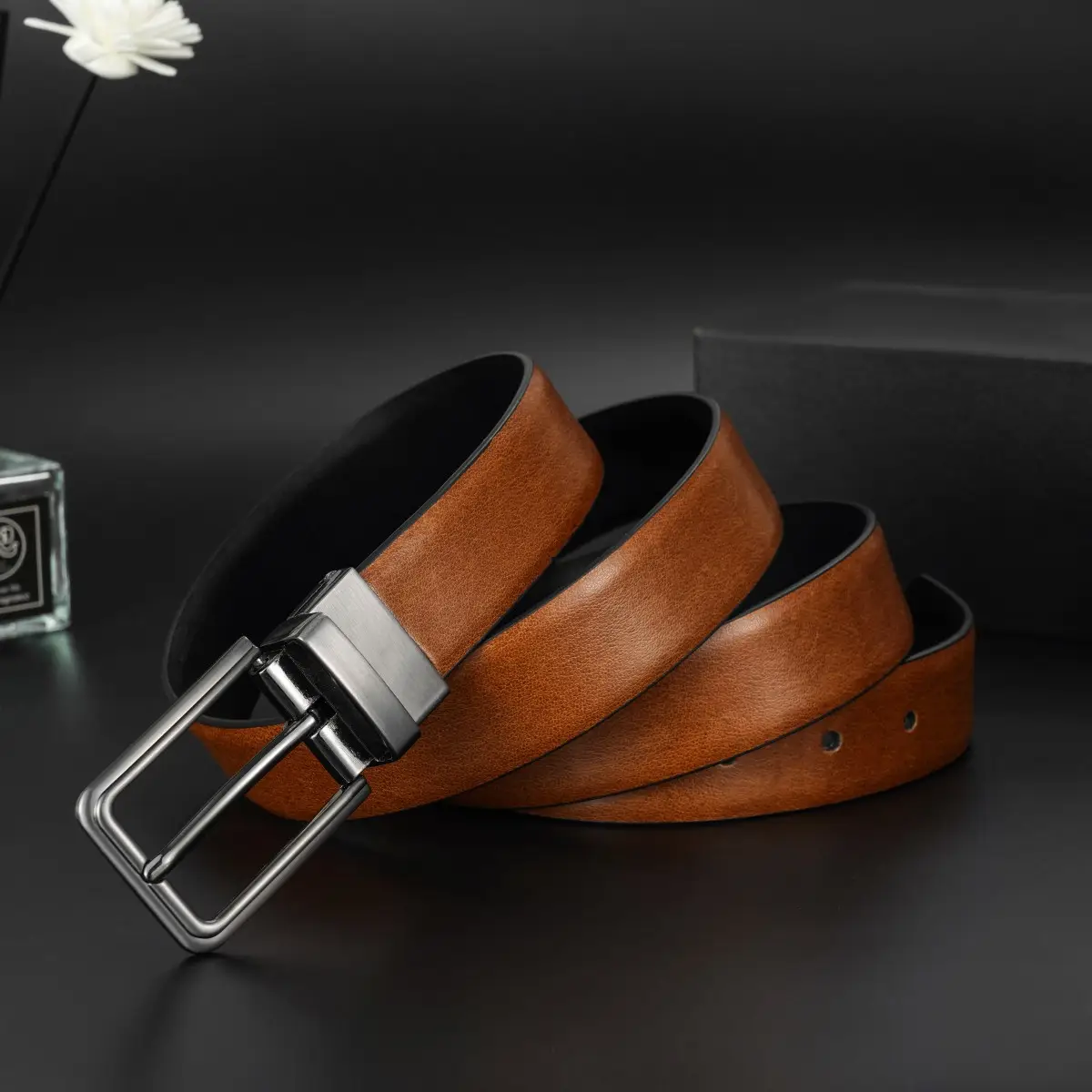 Men's Brown Leather Belt with Silver Buckle — feature 4