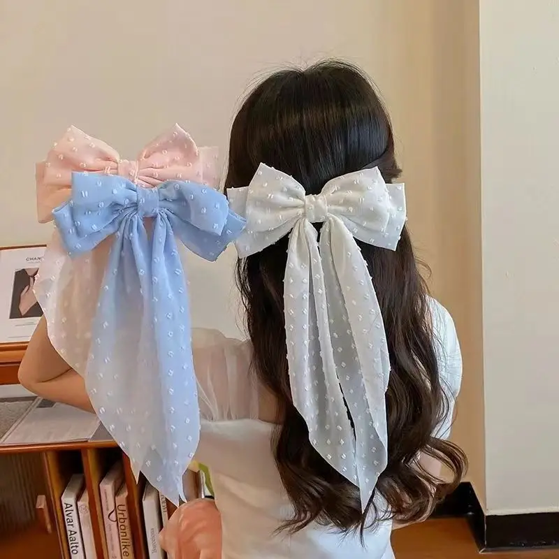 Black Chiffon Bow Hairpin with Dot Pattern - Image 15