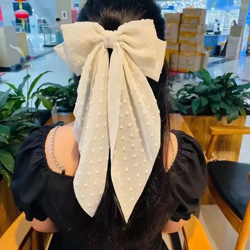 Black Chiffon Bow Hairpin with Dot Pattern - Image 17