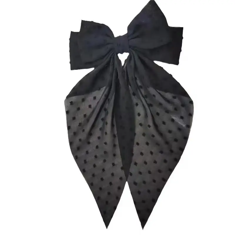 Black Chiffon Bow Hairpin with Dot Pattern - Image 18