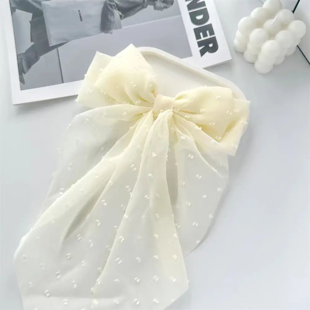 Black Chiffon Bow Hairpin with Dot Pattern - Image 10