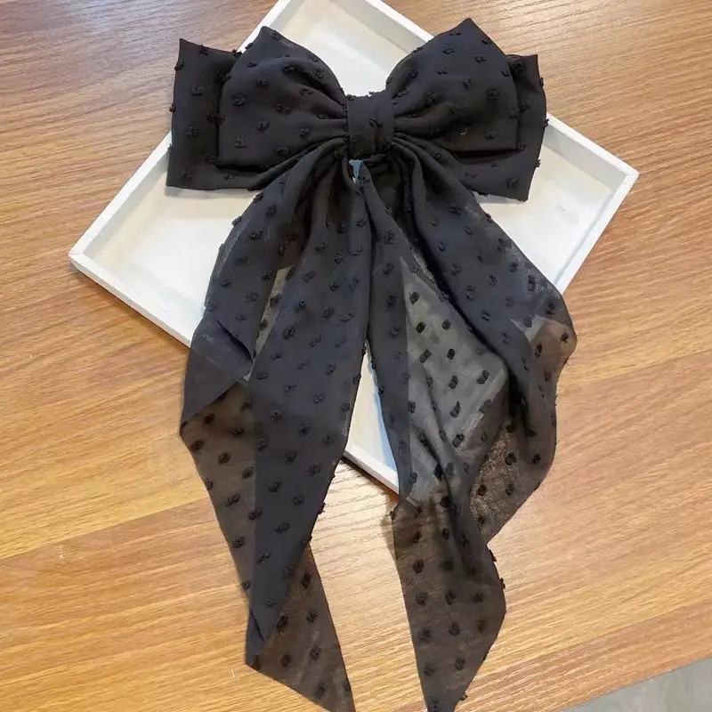 Black Chiffon Bow Hairpin with Dot Pattern - Image 8