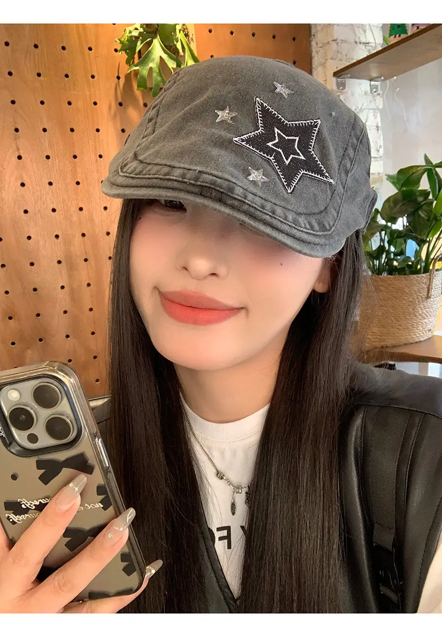 Japanese Style Star Embroidered Denim Cap for Women — feature 12