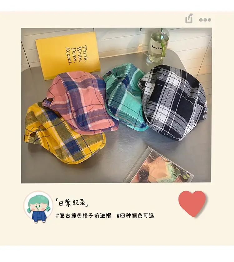Women Plaid Beret Summer Hat Duck Tongue Forward — feature 3