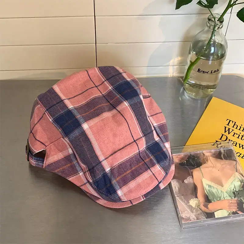 Women Plaid Beret Summer Hat Duck Tongue Forward - Image 2