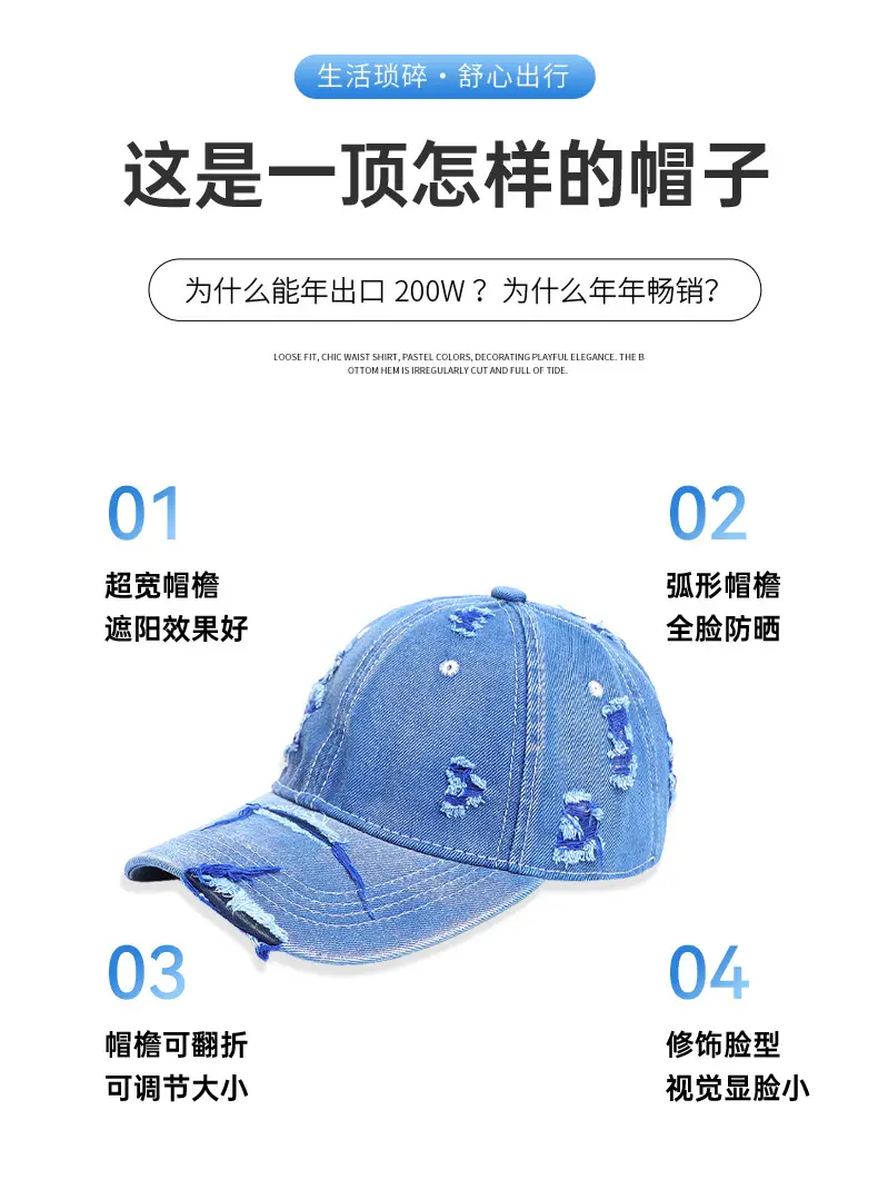 Vintage Ripped Denim Cap for Men Women Hip Hop Sun Hat — feature 4