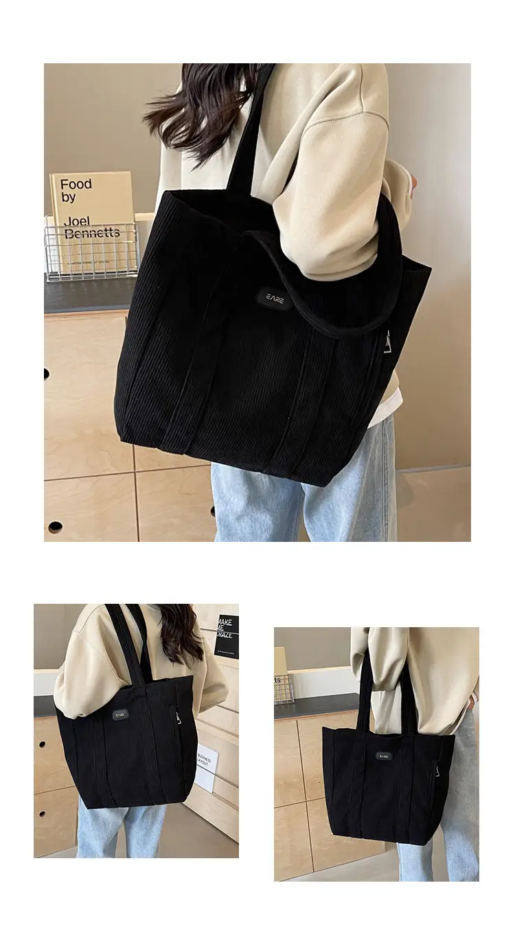 Women's Large Capacity Canvas Tote Bag Black — feature 9