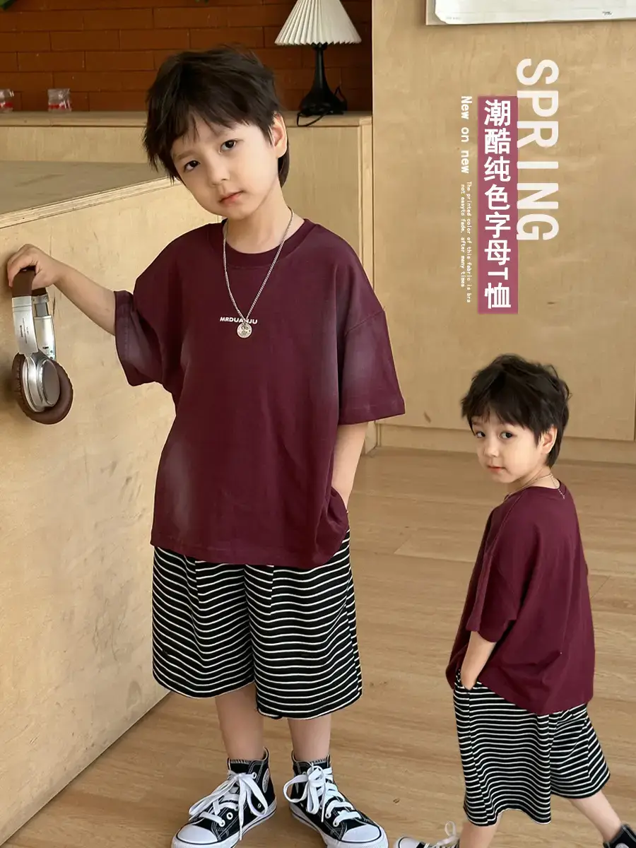 Boys Maroon Korean Style T-Shirt Shorts 2025 - Image 4