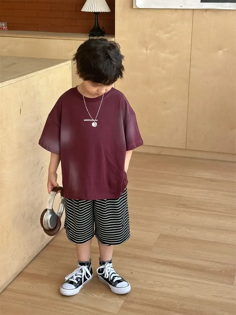 Boys Maroon Korean Style T-Shirt Shorts 2025 - Image 6