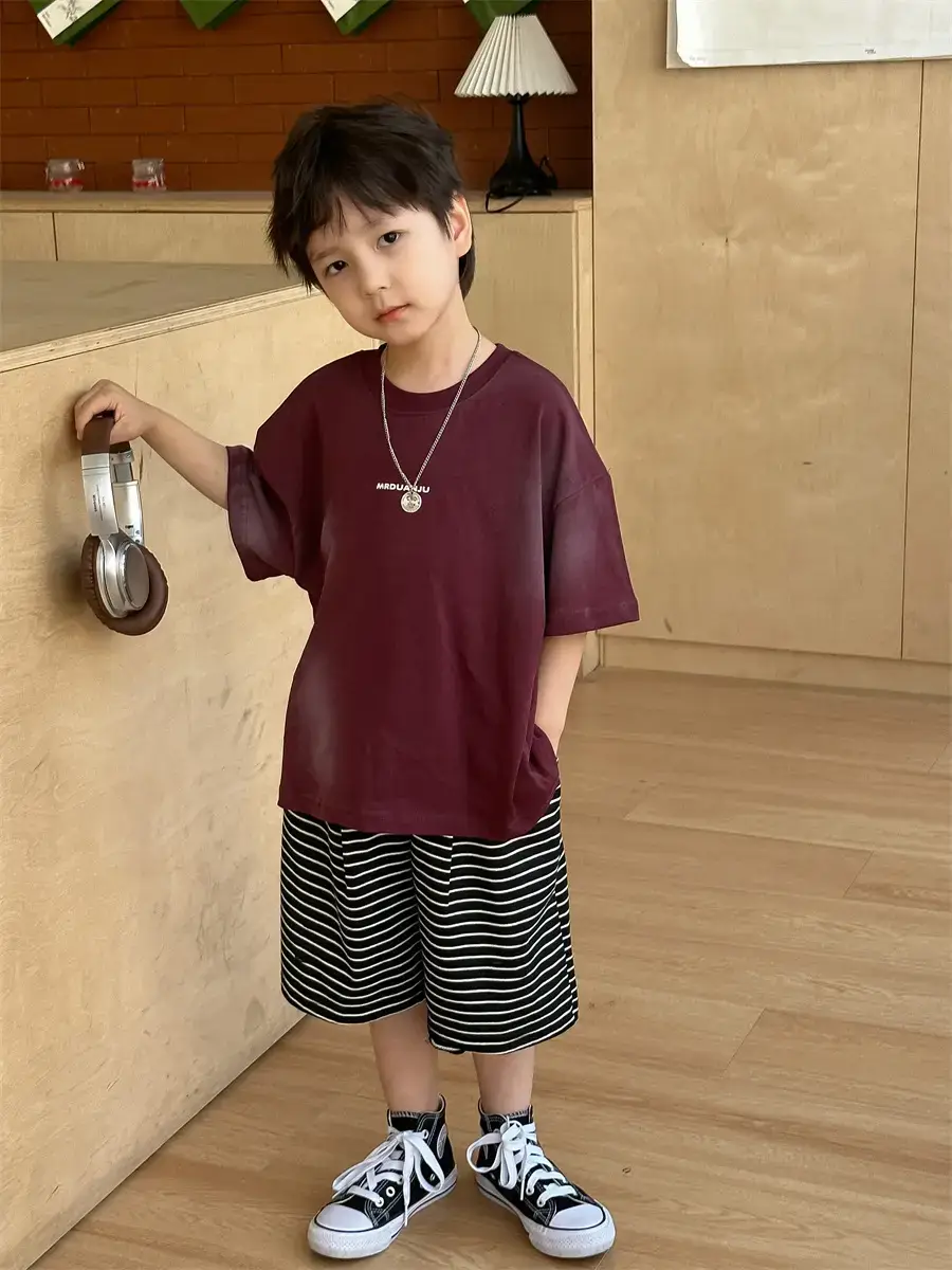 Boys Maroon Korean Style T-Shirt Shorts 2025 - Image 2