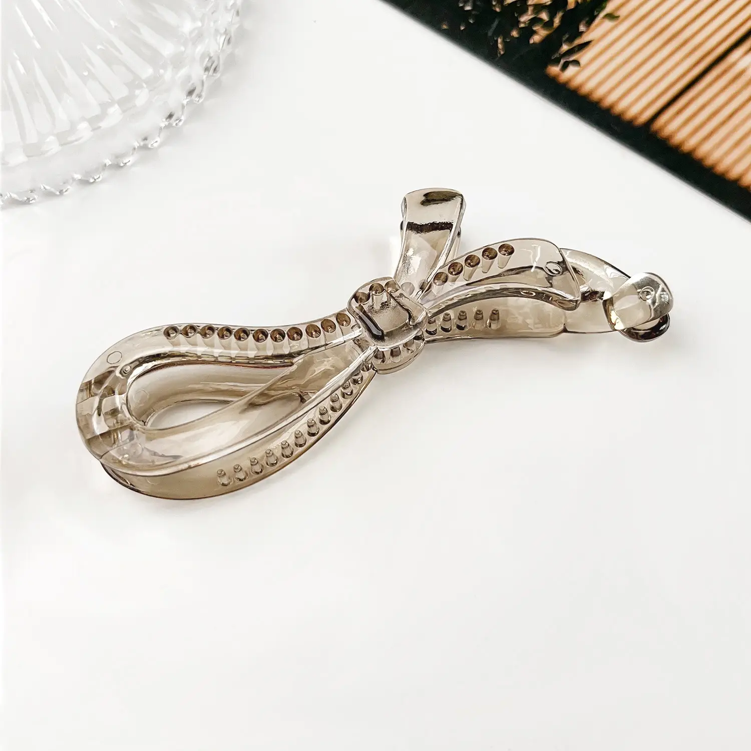 Silver Bow Banana Clip for High Ponytail Hair Accessories - Image 3