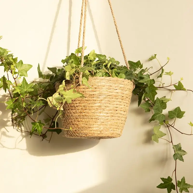 Hanging Baskets, Straw Woven Flower Pots, Creative Hanging Baskets, Rattan Woven Flower Baskets, Hanging Green Plants, Wall-Mounted Woven Flower Pots, Green Plants