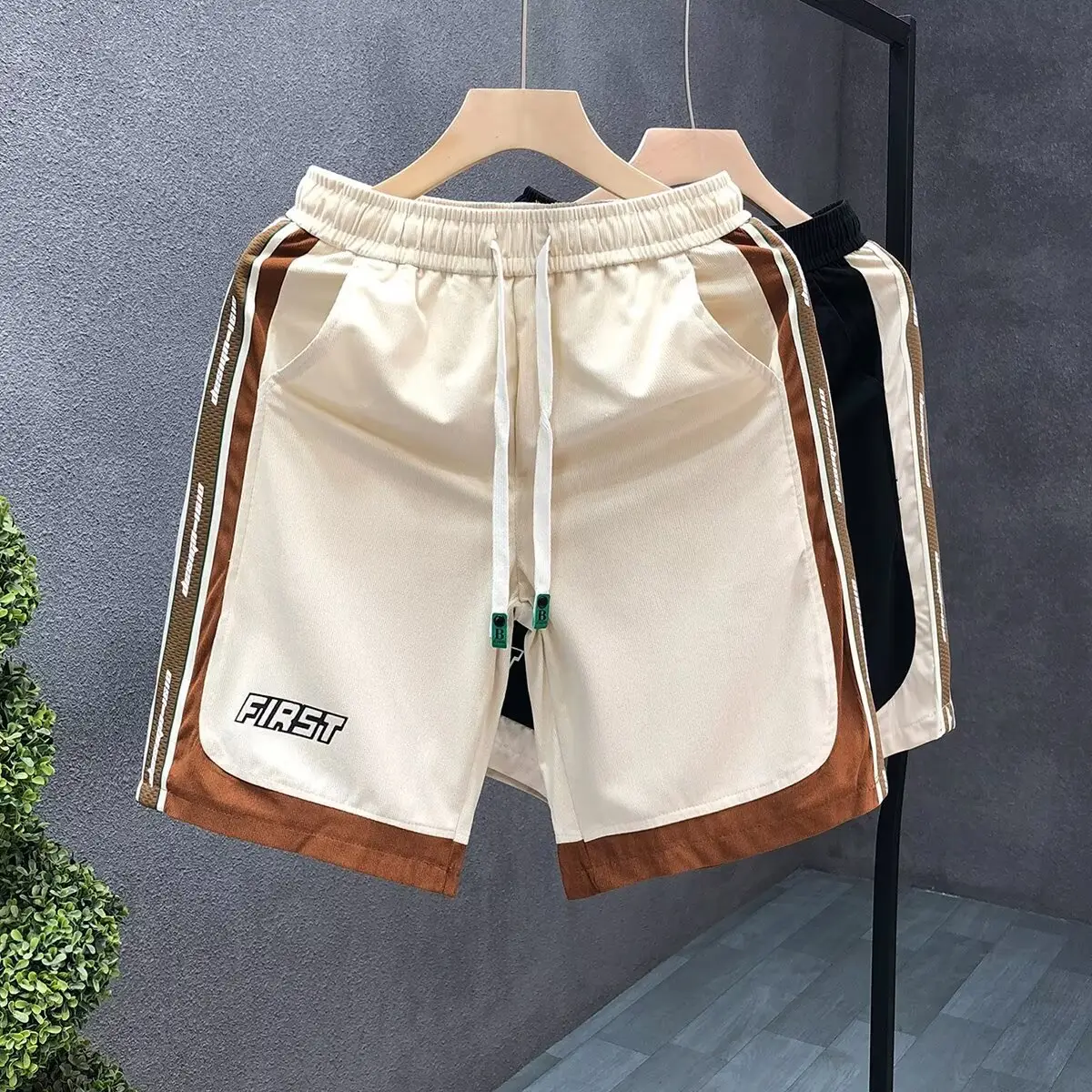 Men's American Shorts Beige Brown Drawstring Casual Shorts - Image 5