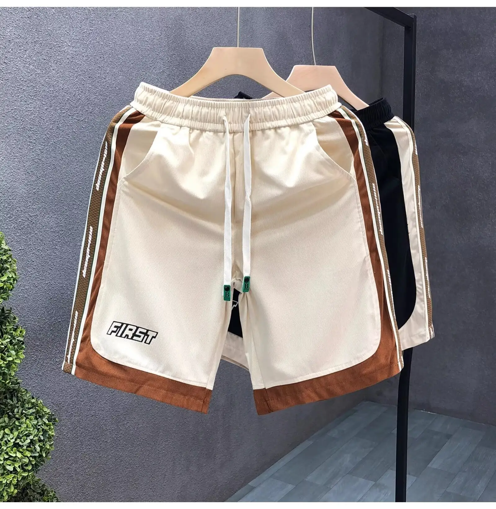 Men's American Shorts Beige Brown Drawstring Casual Shorts — feature 1