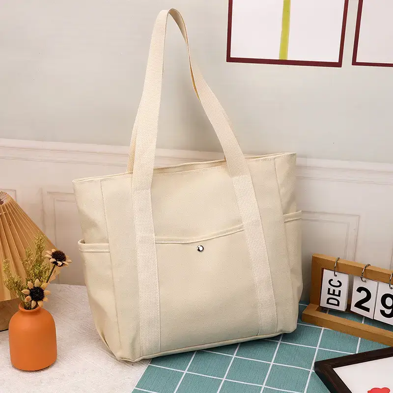 Canvas Shoulder Bag Black Cream Work Tote - Image 3