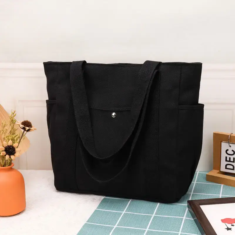 Canvas Shoulder Bag Black Cream Work Tote - Image 4