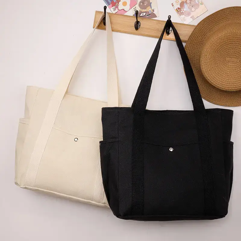 Canvas Shoulder Bag Black Cream Work Tote - Image 5