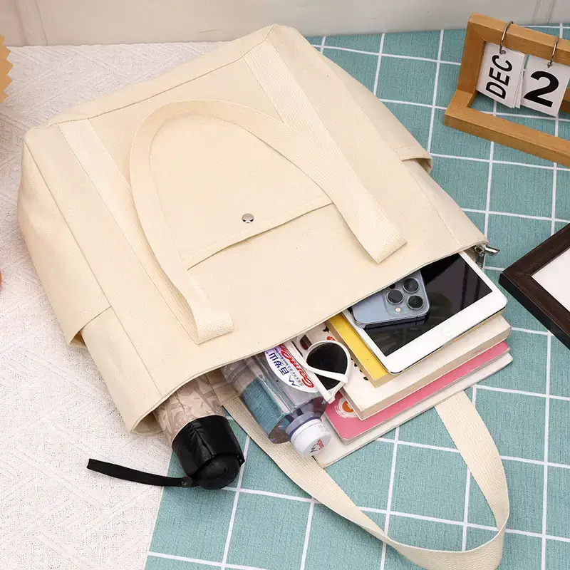 Canvas Shoulder Bag Black Cream Work Tote - Image 6