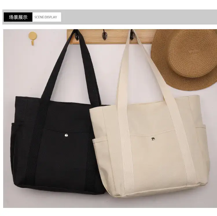 Canvas Shoulder Bag Black Cream Work Tote — feature 14