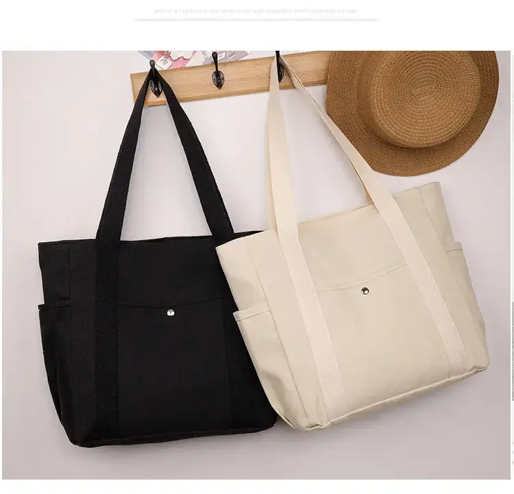 Canvas Shoulder Bag Black Cream Work Tote — feature 16