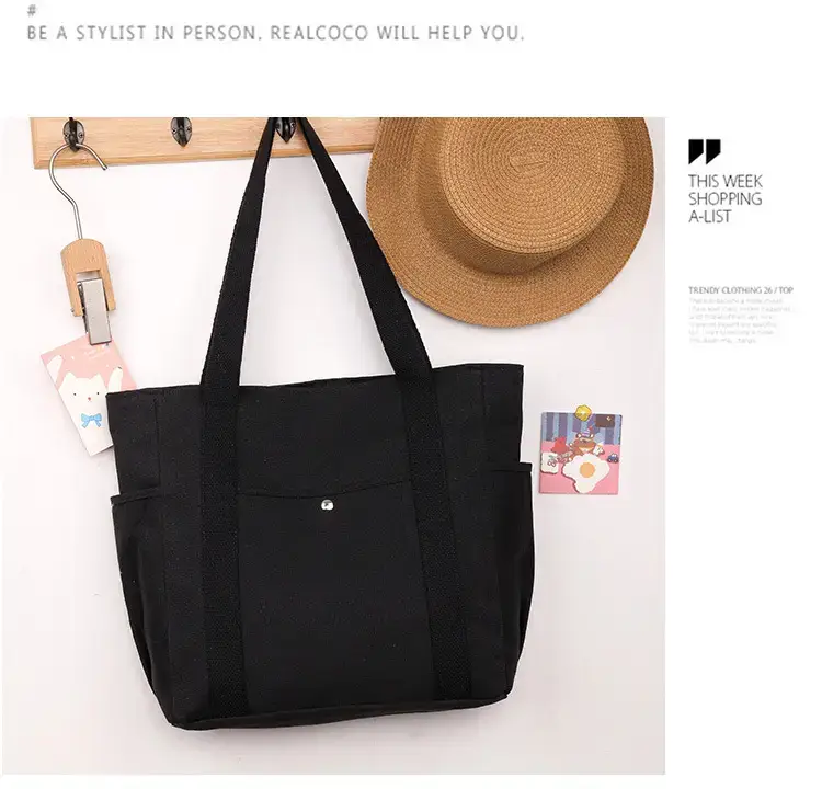 Canvas Shoulder Bag Black Cream Work Tote — feature 17