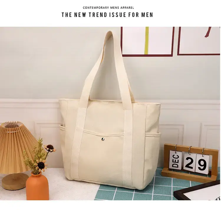 Canvas Shoulder Bag Black Cream Work Tote — feature 31