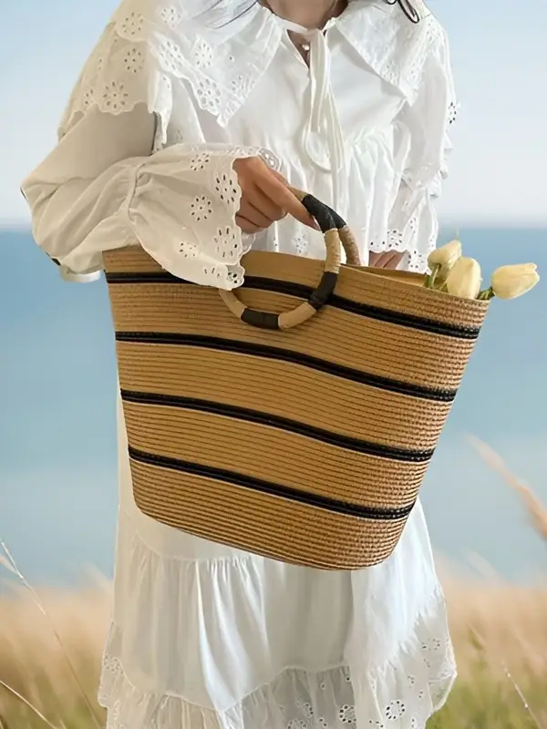 French Style Straw Handbag Large Capacity Beige - Image 26