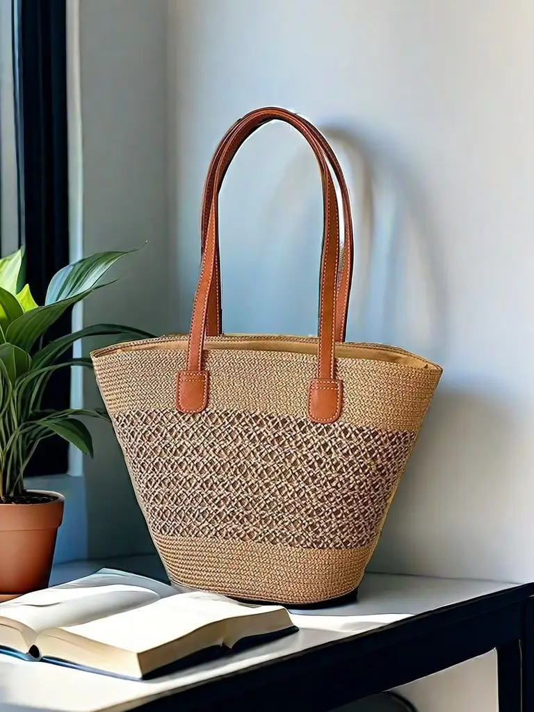 French Style Straw Handbag Large Capacity Beige - Image 27