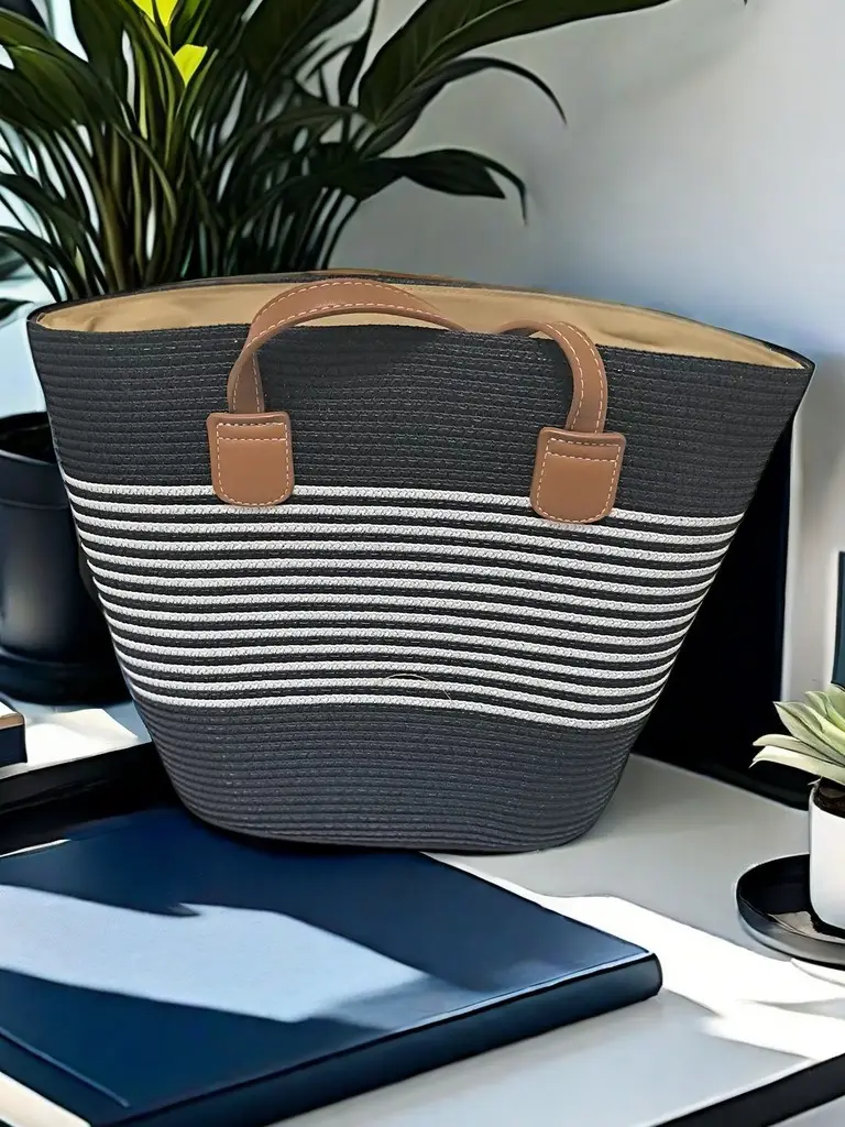 French Style Straw Handbag Large Capacity Beige - Image 28