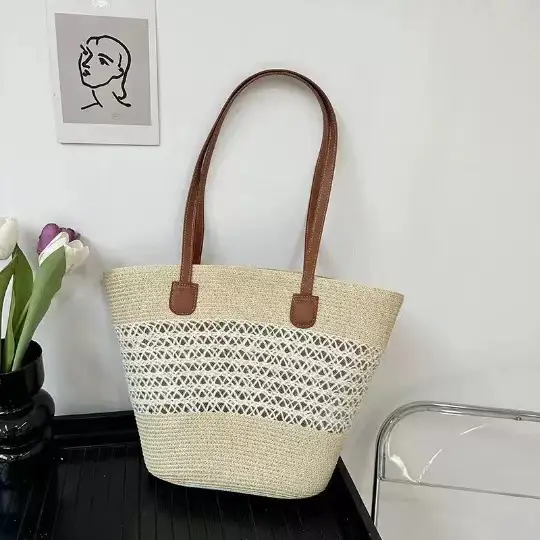 French Style Straw Handbag Large Capacity Beige - Image 13