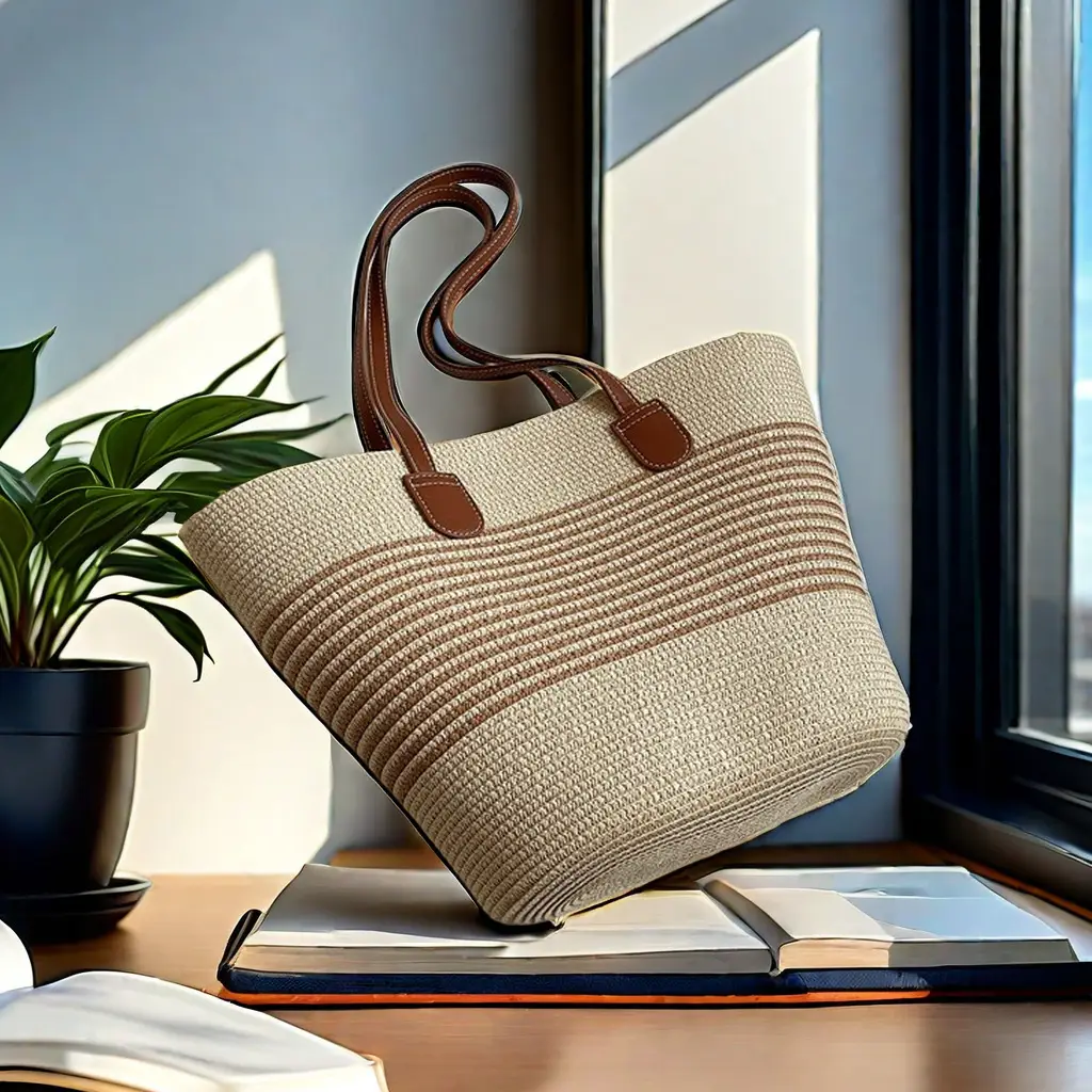 French Style Straw Handbag Large Capacity Beige - Image 3