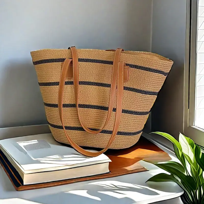 French Style Straw Handbag Large Capacity Beige - Image 5