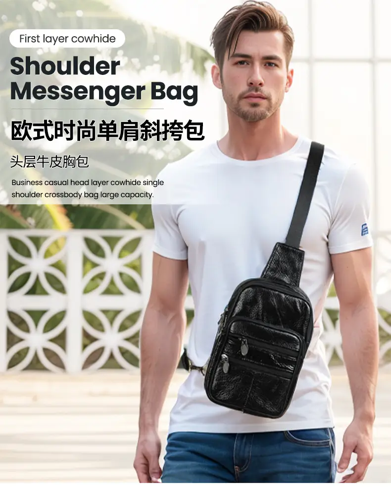 Men's Genuine Leather Chest Bag with 7.9" Mini Phone & Battery — feature 7