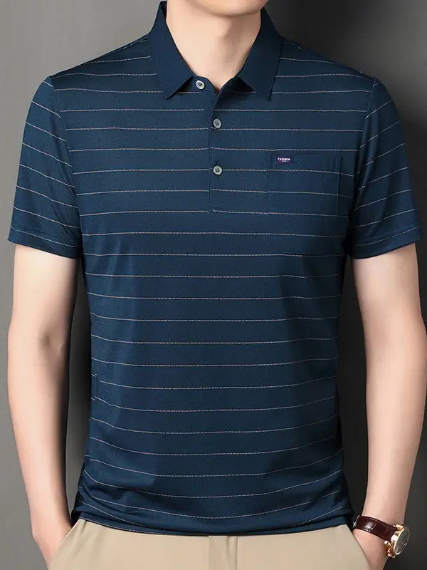 Men Maroon Striped Polo Shirt Middle Age Casual Wear - Image 7