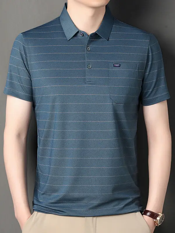 Men Maroon Striped Polo Shirt Middle Age Casual Wear - Image 8