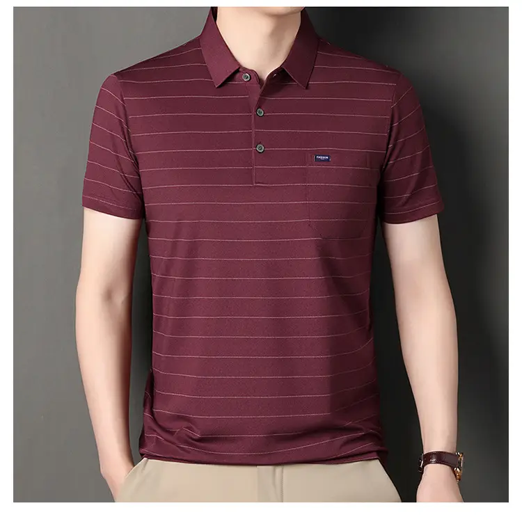 Men Maroon Striped Polo Shirt Middle Age Casual Wear — feature 22