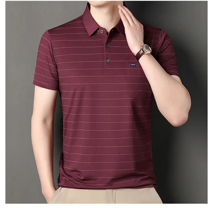 Men Maroon Striped Polo Shirt Middle Age Casual Wear — feature 23