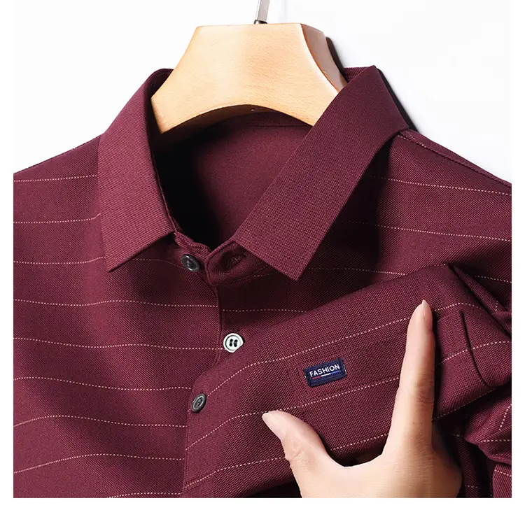 Men Maroon Striped Polo Shirt Middle Age Casual Wear — feature 25