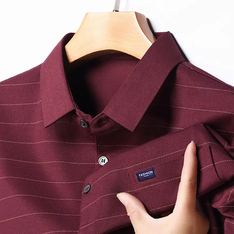 Men Maroon Striped Polo Shirt Middle Age Casual Wear - Image 3