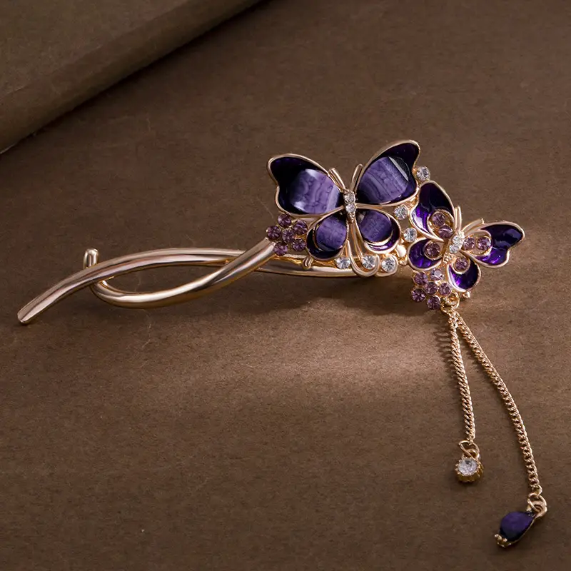 Vintage Butterfly Hairpin with Red Stones & Tassel