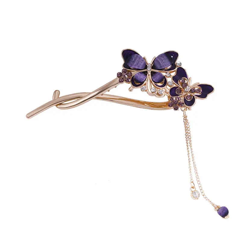 Vintage Butterfly Hairpin with Red Stones & Tassel