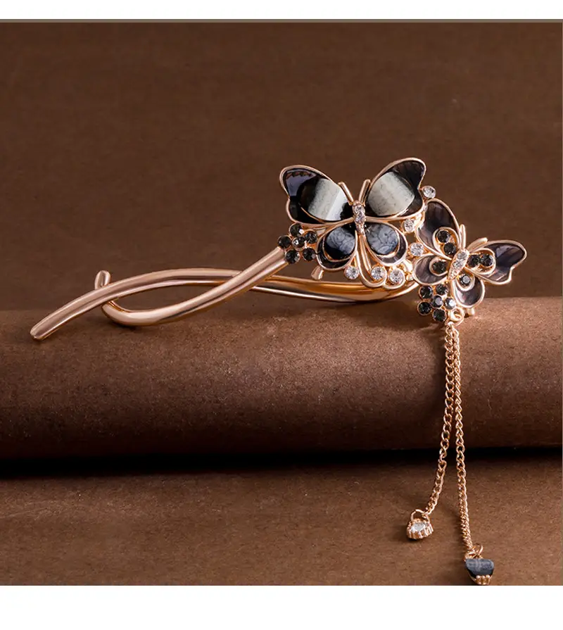 Vintage Butterfly Hairpin with Red Stones & Tassel — feature 10