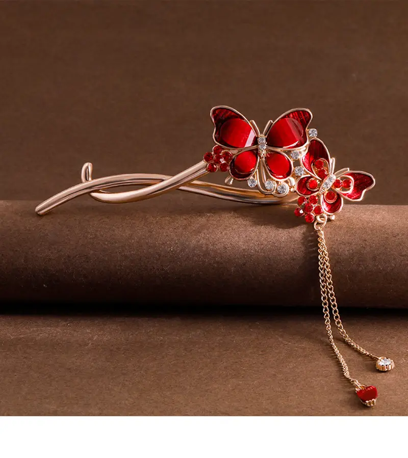 Vintage Butterfly Hairpin with Red Stones & Tassel — feature 11