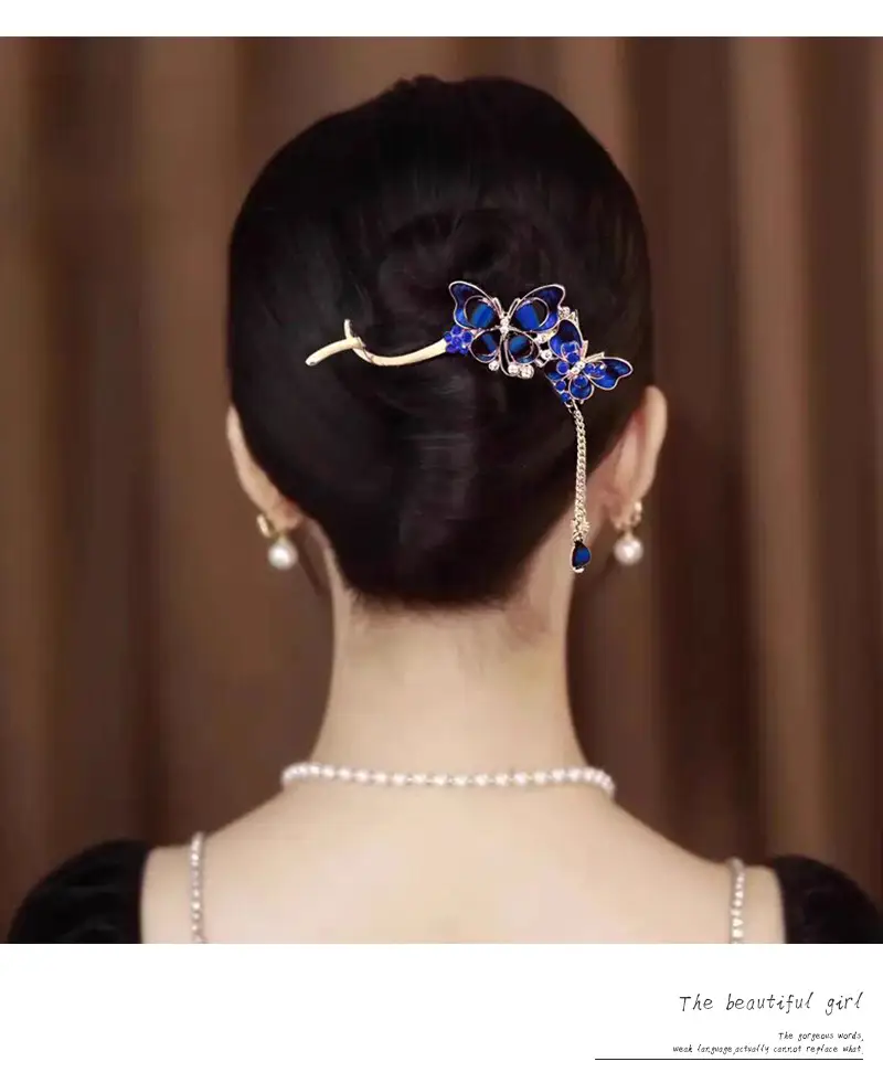 Vintage Butterfly Hairpin with Red Stones & Tassel — feature 5