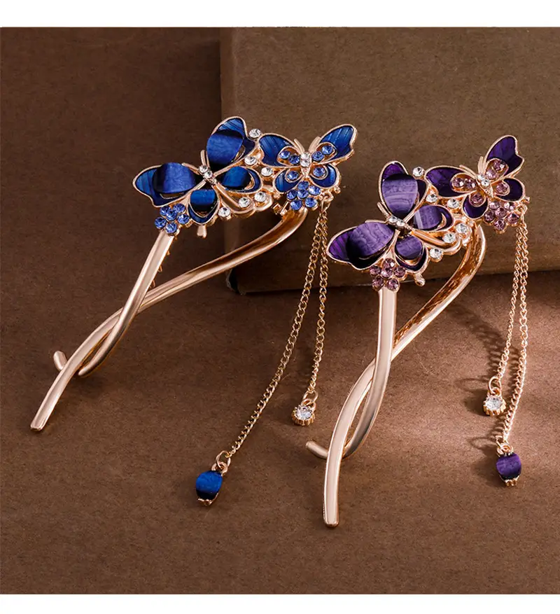 Vintage Butterfly Hairpin with Red Stones & Tassel — feature 6
